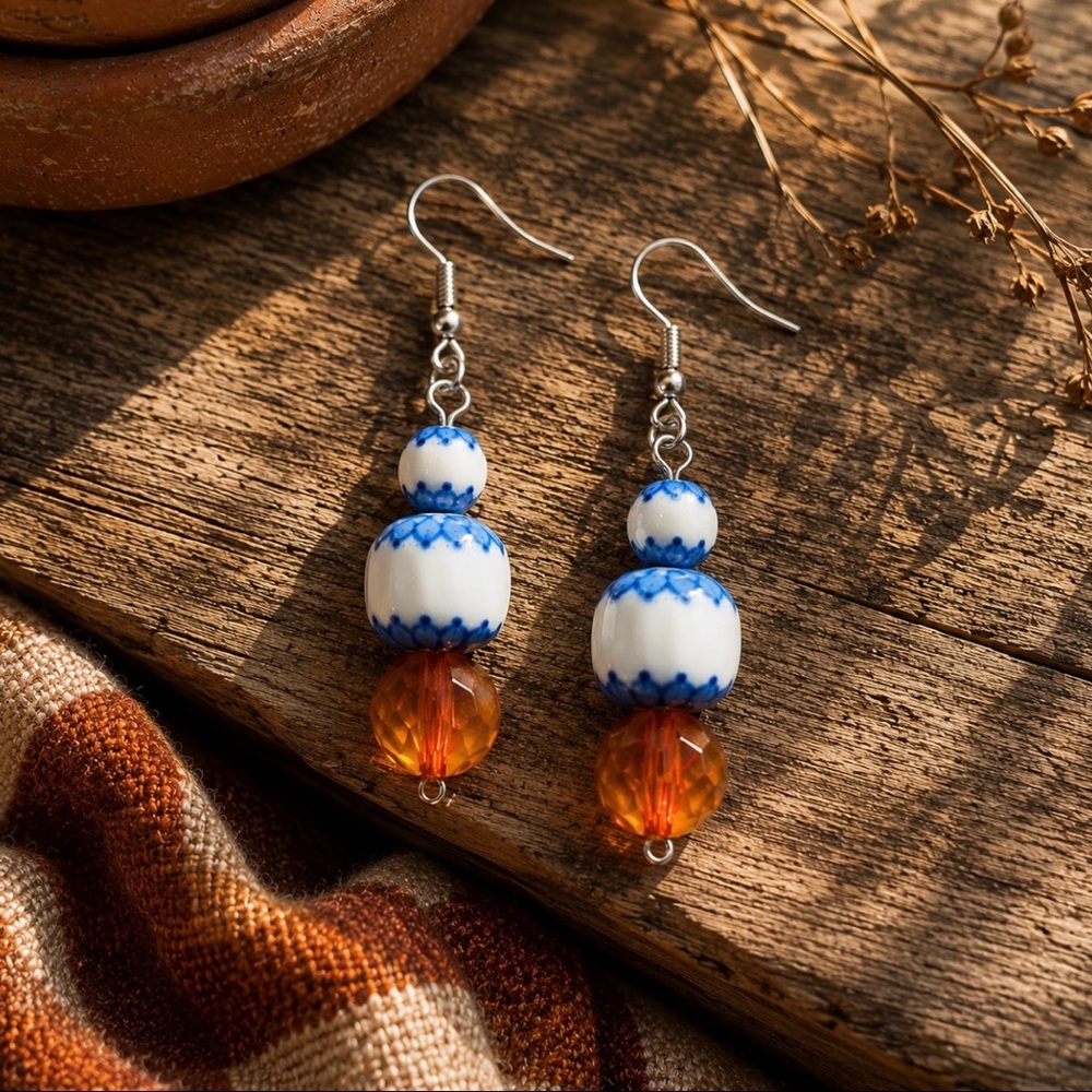 Vintage Czech Glass Earrings Blue White Faceted Amber 2” Dangle